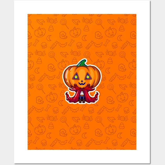 Cute little monster pumpkin head pattern Wall Art by koneko